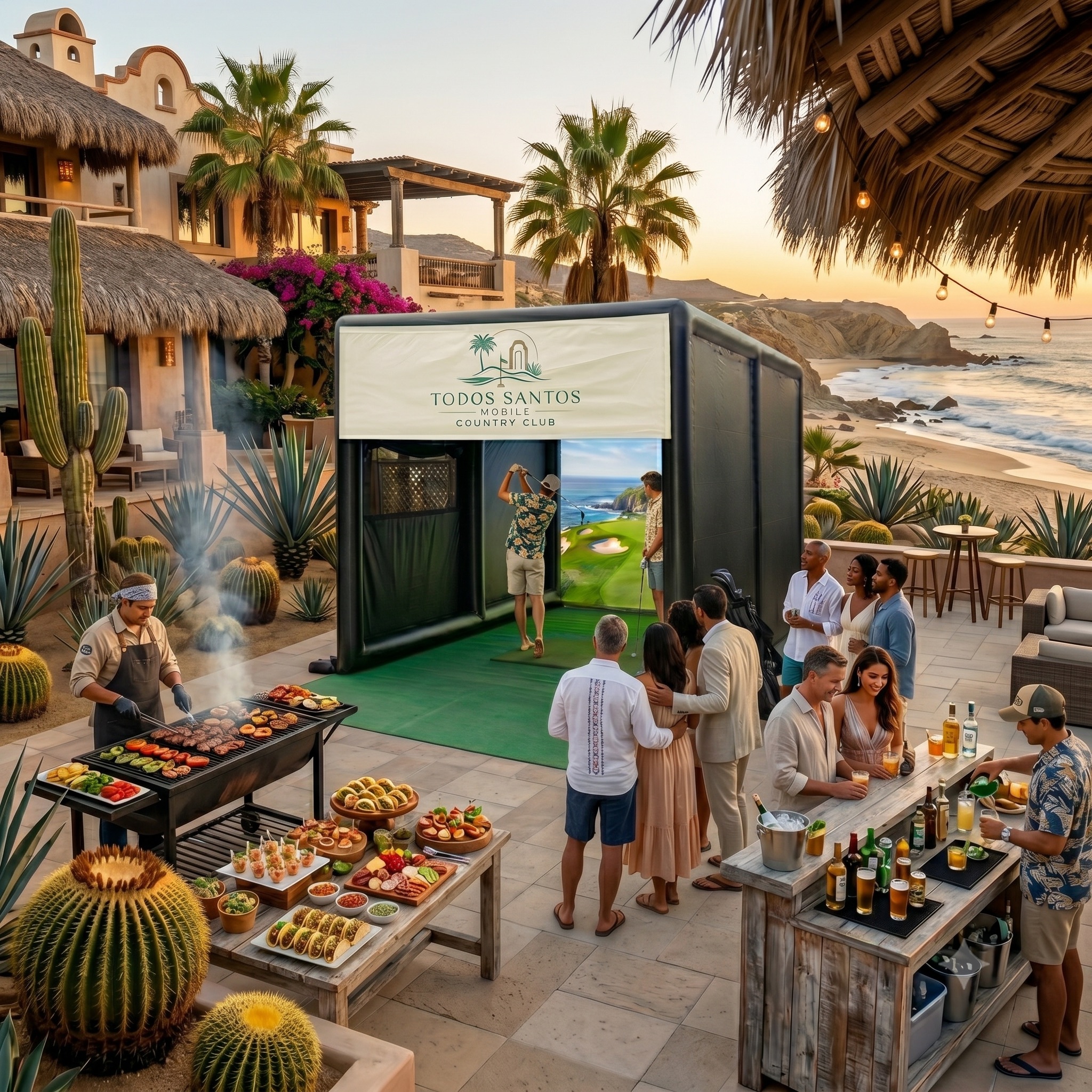 Professional mobile golf simulator set up at a beachfront villa near Cerritos Beach, Baja California Sur — guests playing a round with Pacific Ocean views