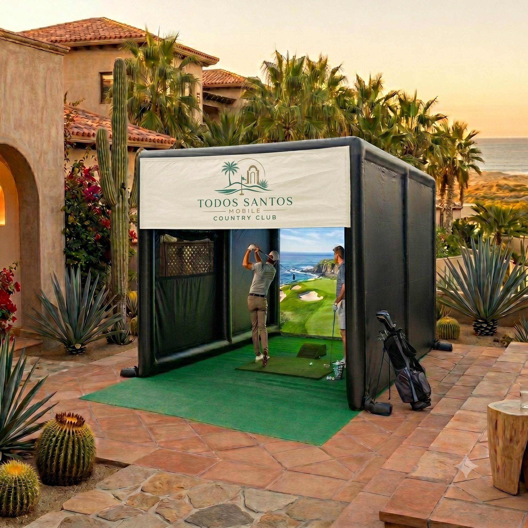 Mobile golf simulator set up at a private event venue in La Paz, Baja California Sur with Sea of Cortez views